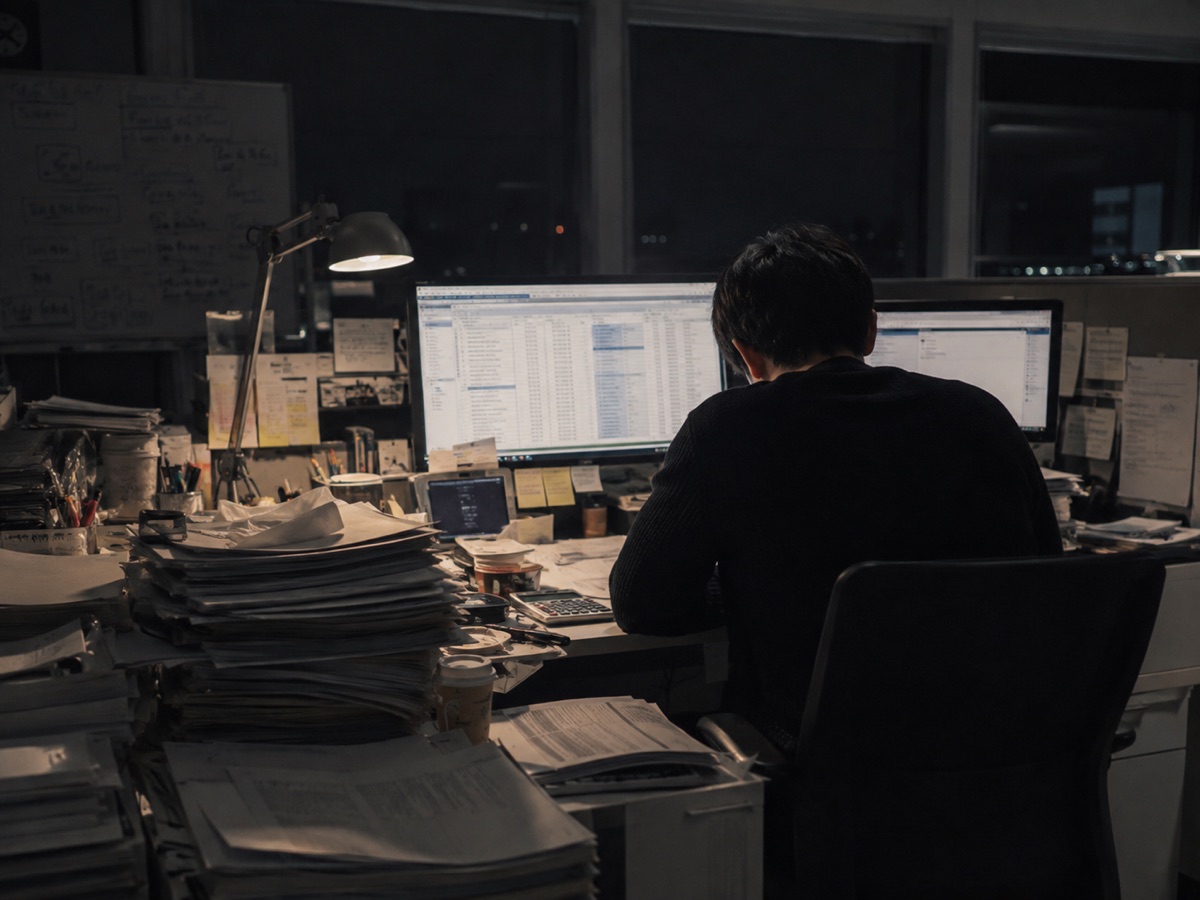 夜のオフィスで、積み上がった書類に囲まれてパソコンに向かう担当者
